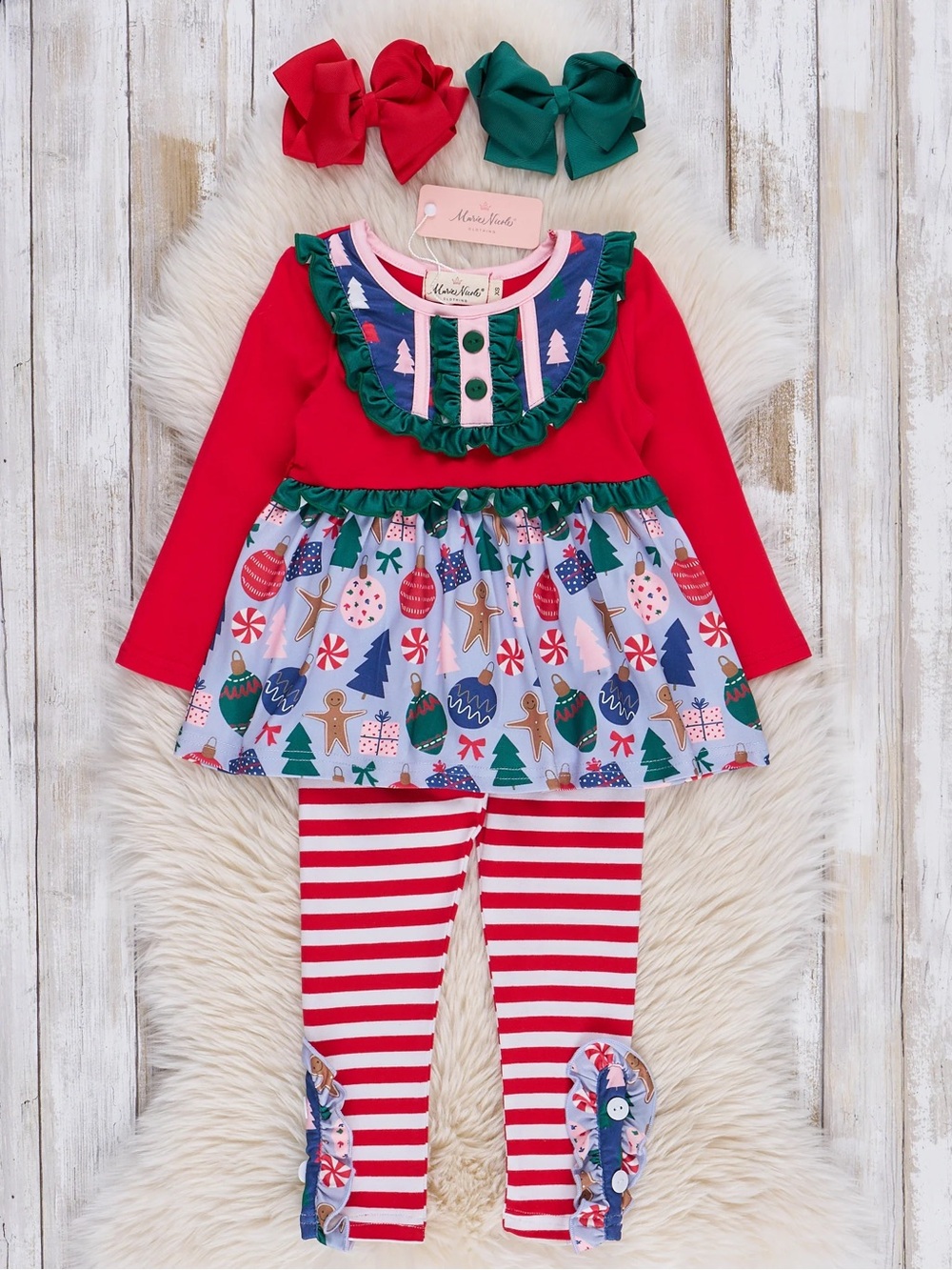 Girls' Red Holiday Ruffle Tunic & Stripe Legging Set